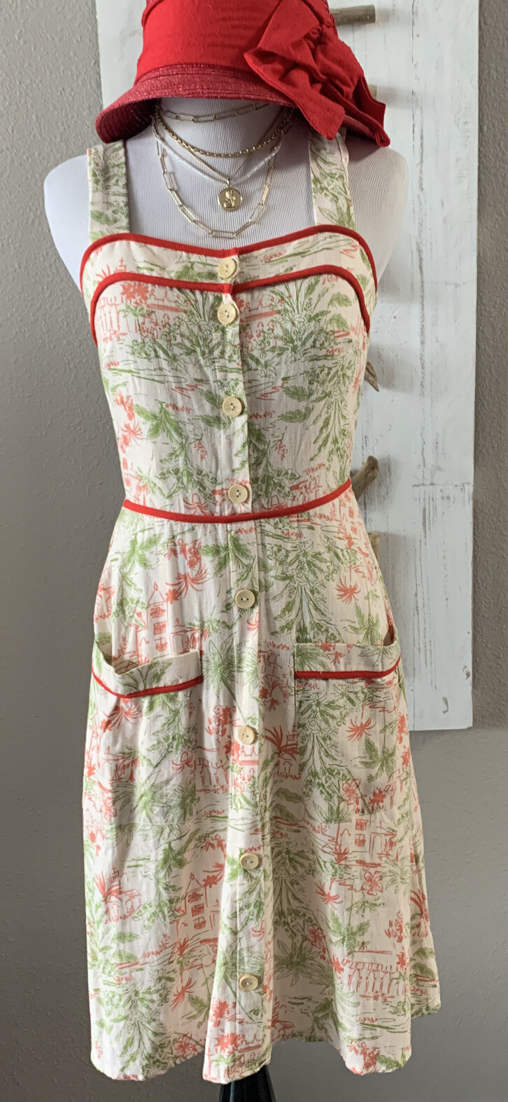 Monteau Linen Blend Pagoda pattern Sundress S Natural Ivory and Red dress