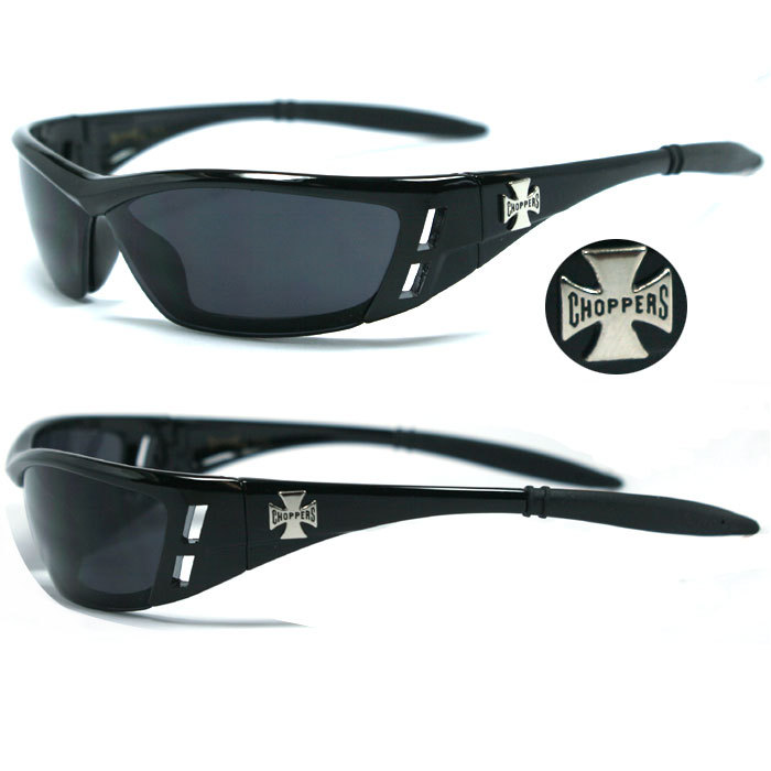 Choppers Biker Men UV400 Sunglasses + Pouch – Shiny Black Frame Black Lens C46