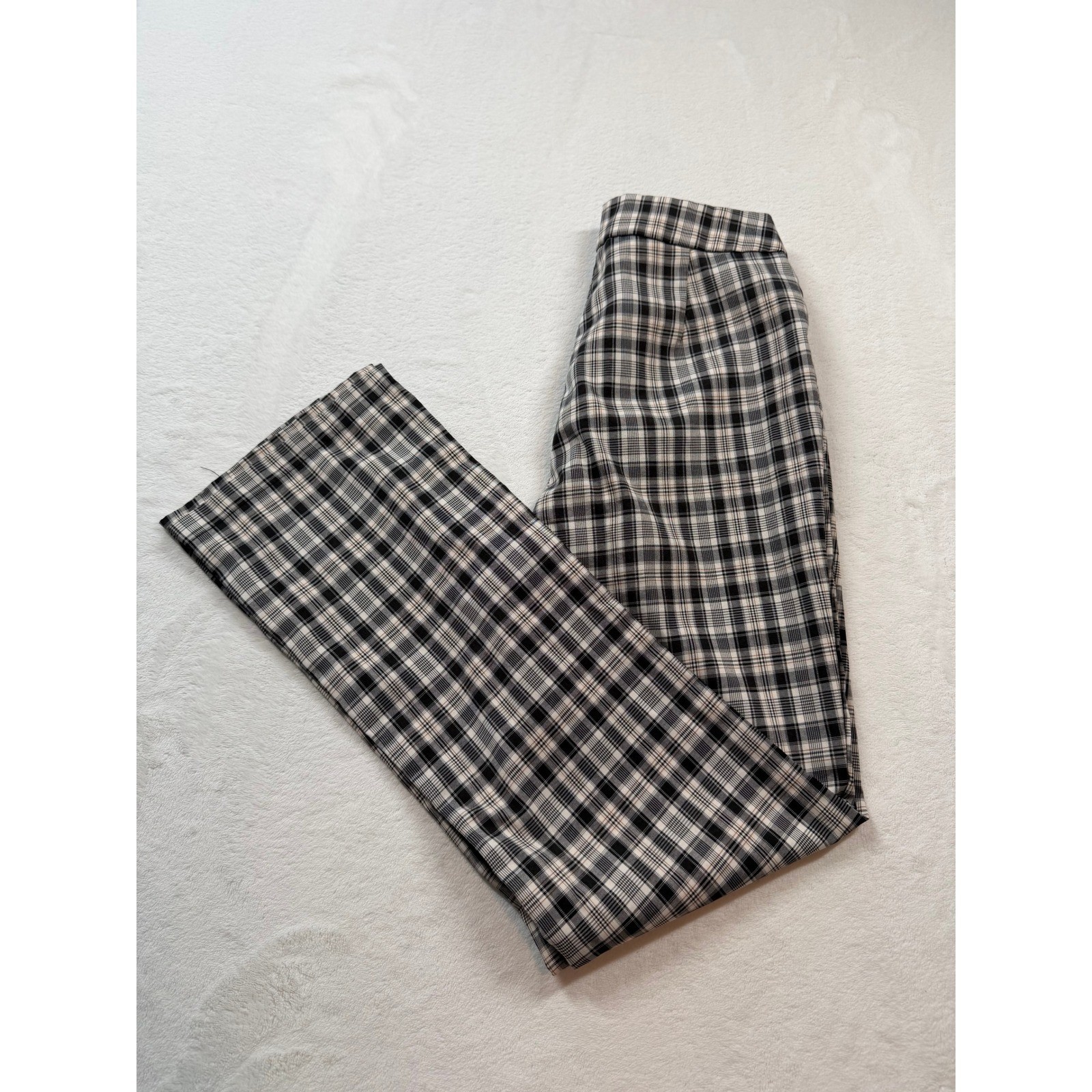 SHEIN Plaid Trousers Womens XS Black White Good High Waisted Flare Checkered