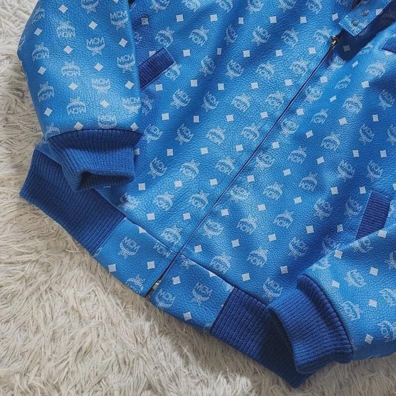 MCM Blue Leather Jacket Biker Premium Quality Laser Printed Leather jacket