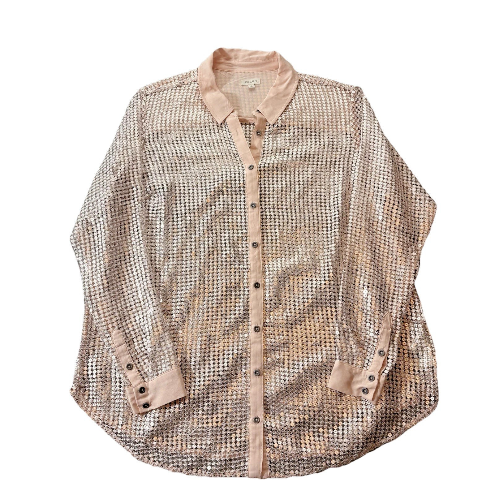 Pilcro Anthropologie Sequin Mesh Shirt 1X Blush Sheer Button Front Plus Size