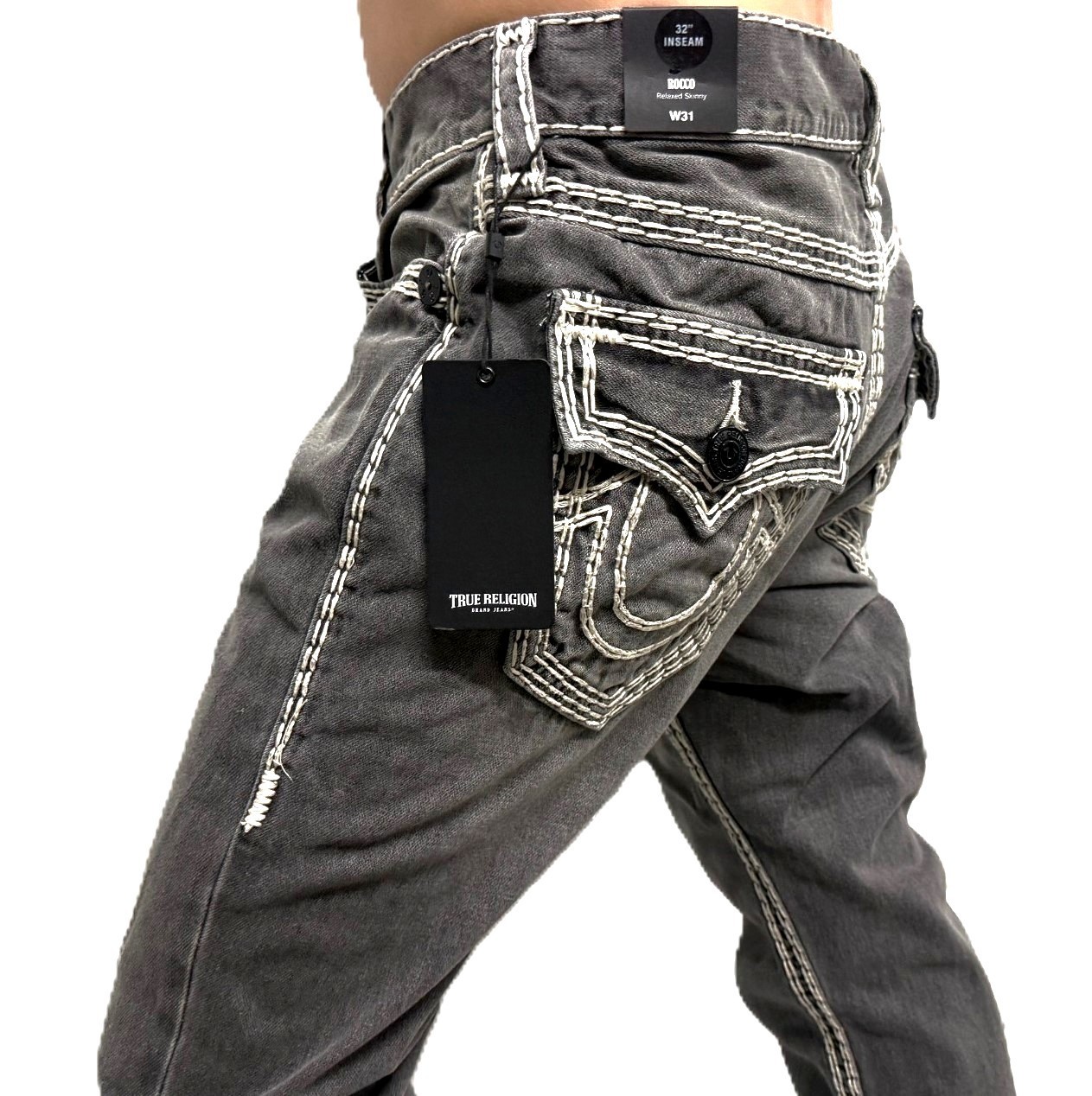 True Religion Men’s Rocco Chalk Grey Wash Super QT Relaxed Skinny Jeans – 109174