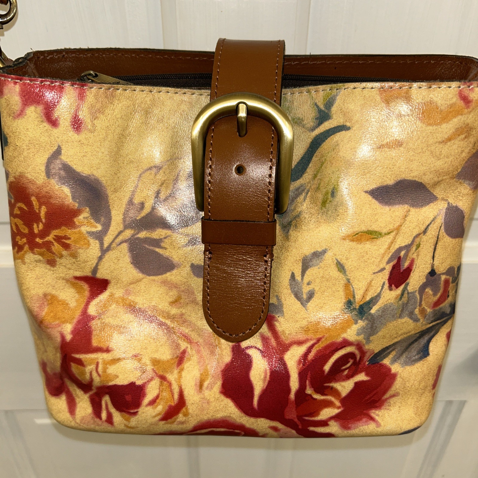 Patricia Nash Irving Bucket Crossbody “Victorian Garden” Front Buckle