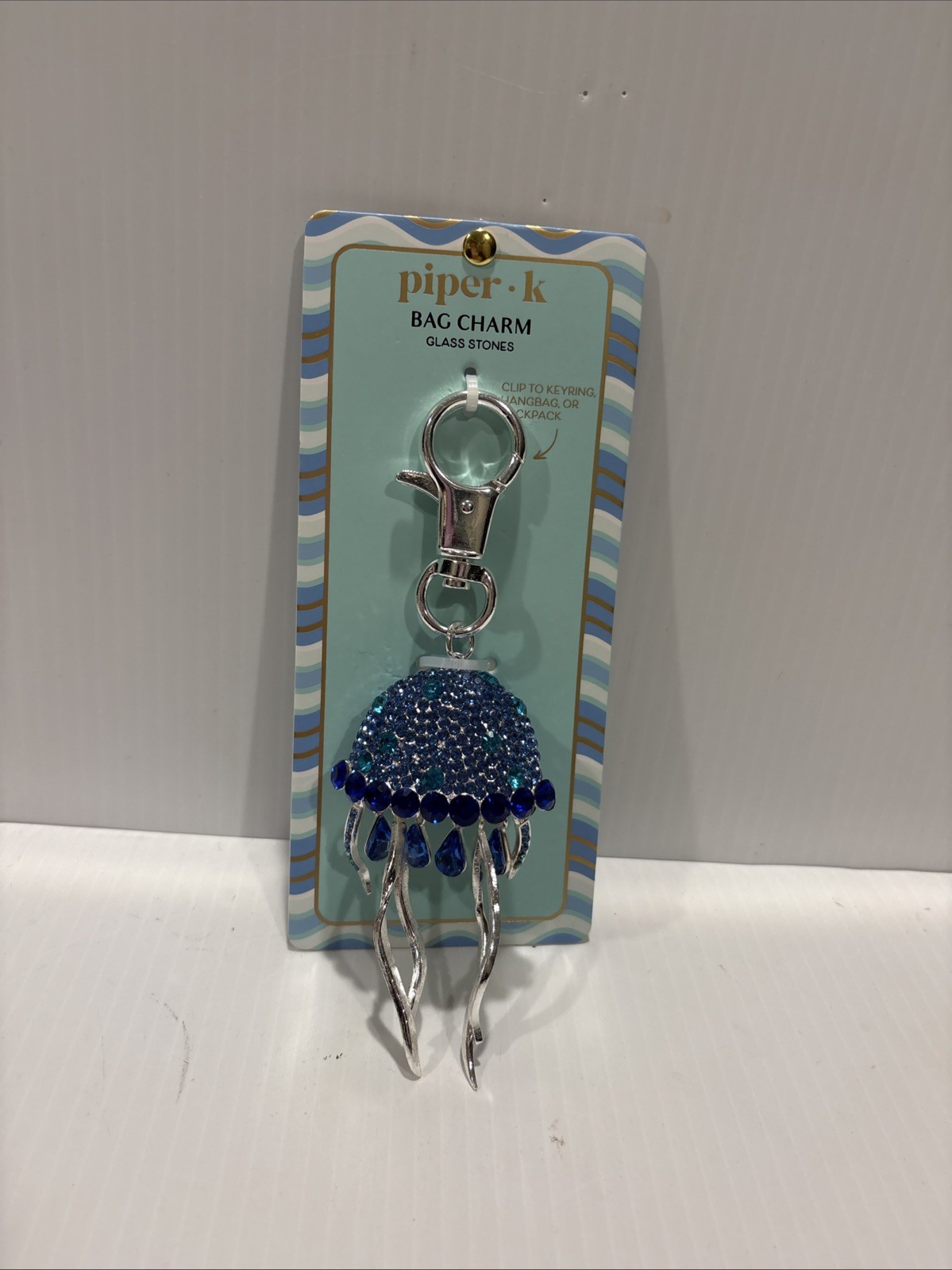 💙NWT Piper K Blue Rhinestone Jelly Fish Bag Charm / Keychain Blue Crystal