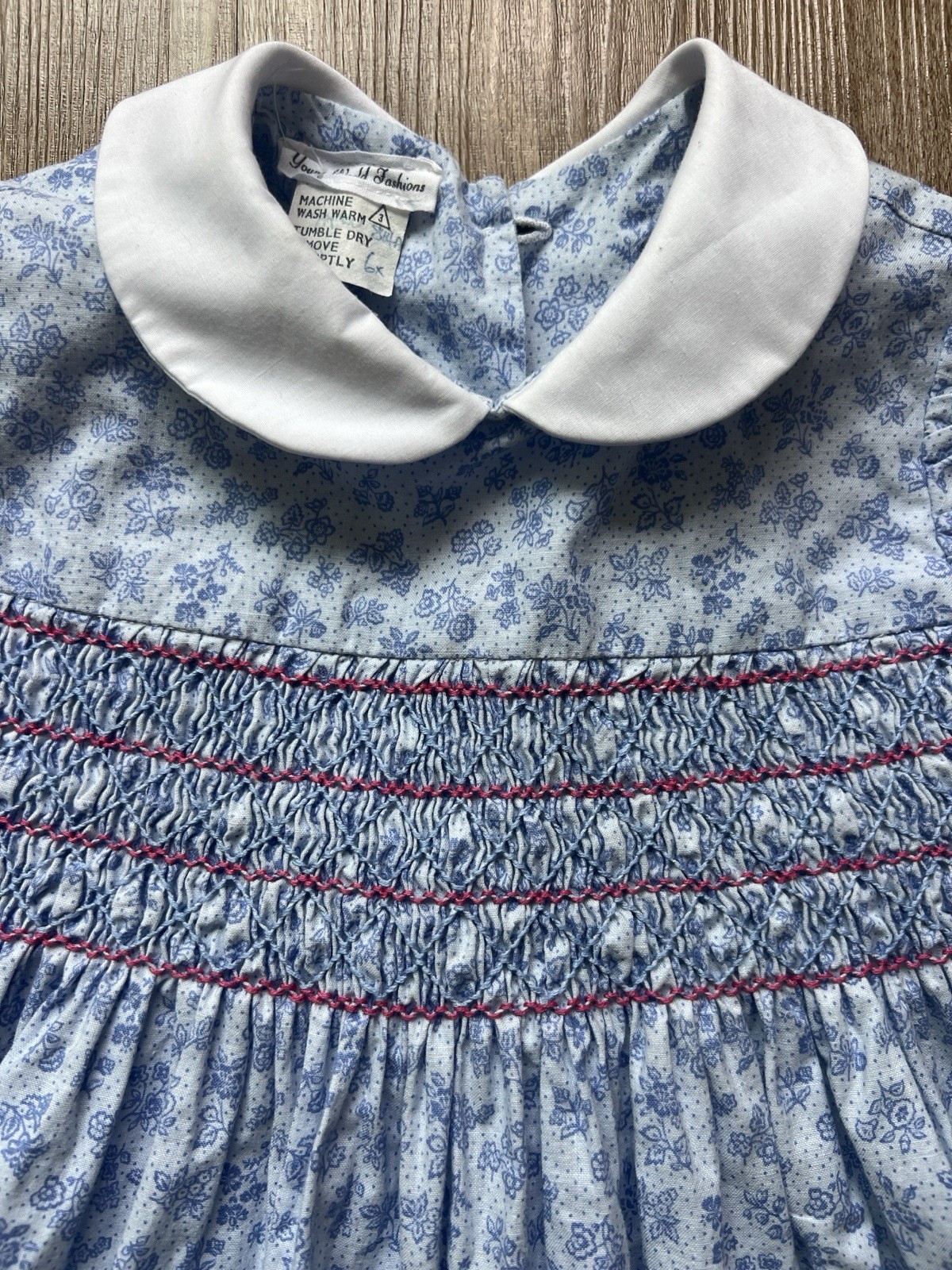 Young World Fashions Blue Floral Smocked Peter Pan Collar Babydoll Dress Size 6