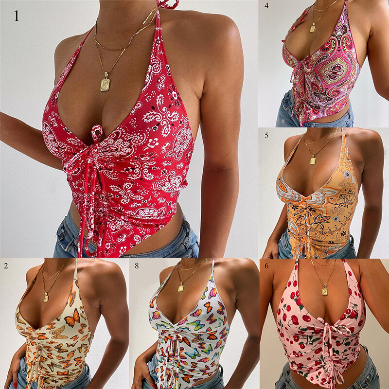 Summer New Women Halter Sexy Low-Cut Fashion Print Slim Tank Top Camisole Vest