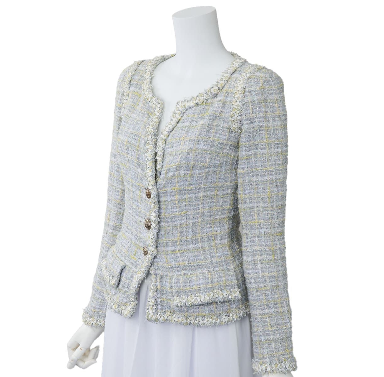 [Returns accepted] CHANEL Coco Button Tweed Collarless Jacket Outerwear 34 Blue