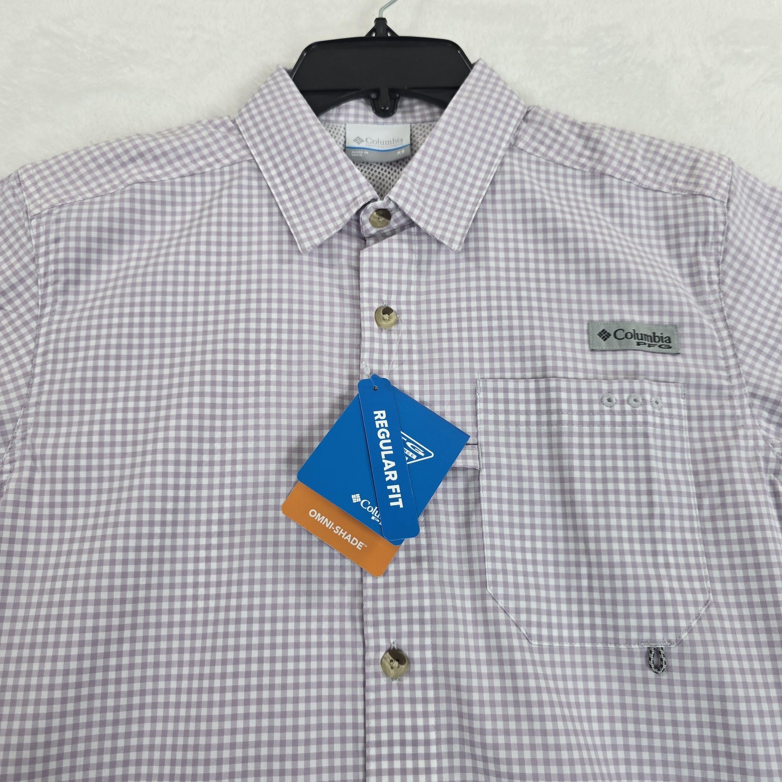 Columbia PFG Shirt Mens XS Purple Gingham Harbor Peak Omni-Shade Omni-Wick