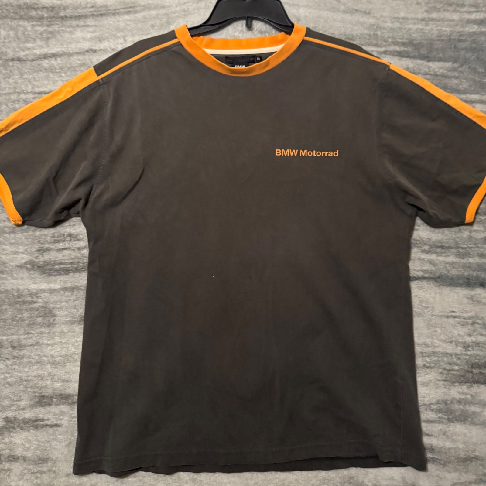 BMW Motorrad Mens XL T-Shirt Charcoal Grey Orange Racing Stripe Cotton Tee