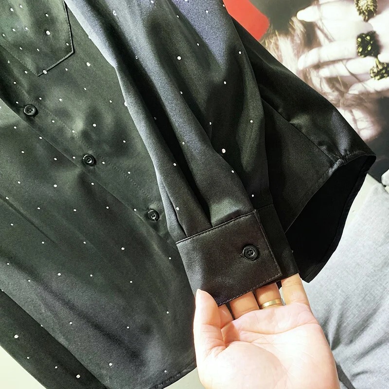 New Luxury Men Diamond Rhinestones Fashion Button-Down Black Shirt High Quality