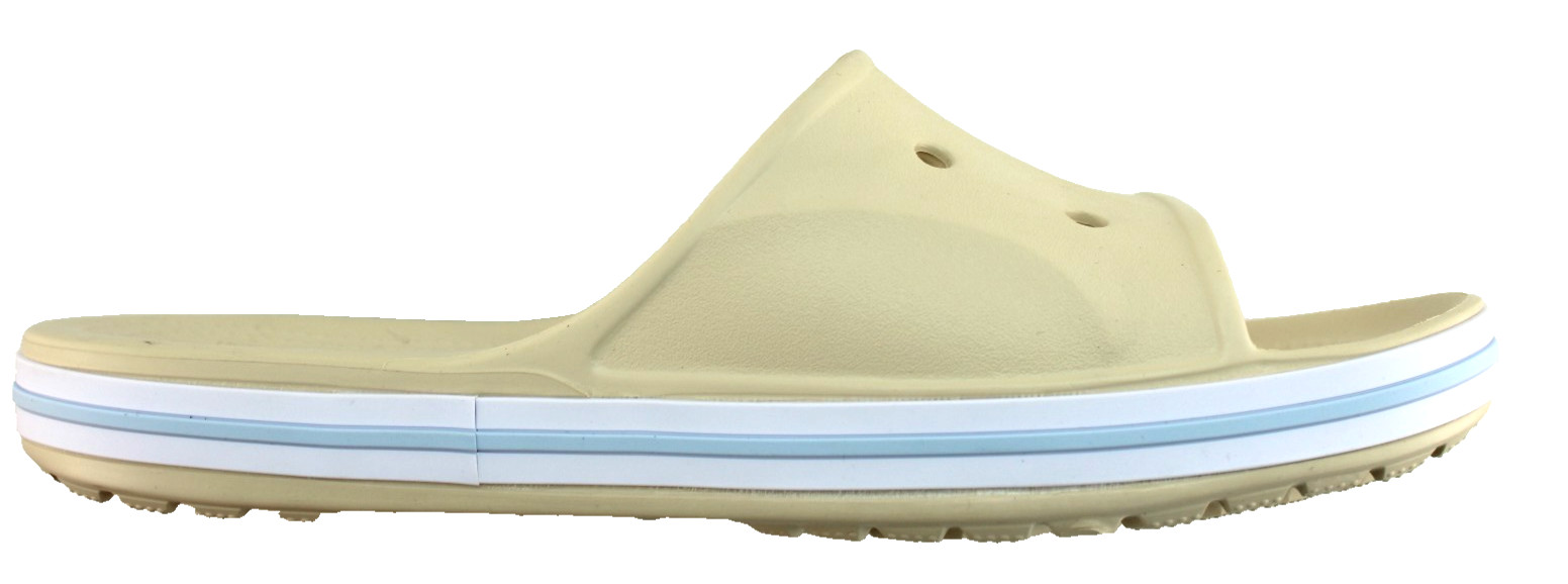 New CROCS Women’s 6 Bayaband Vanilla Cream /Blue Raised Crocs Logo Slide Sandals