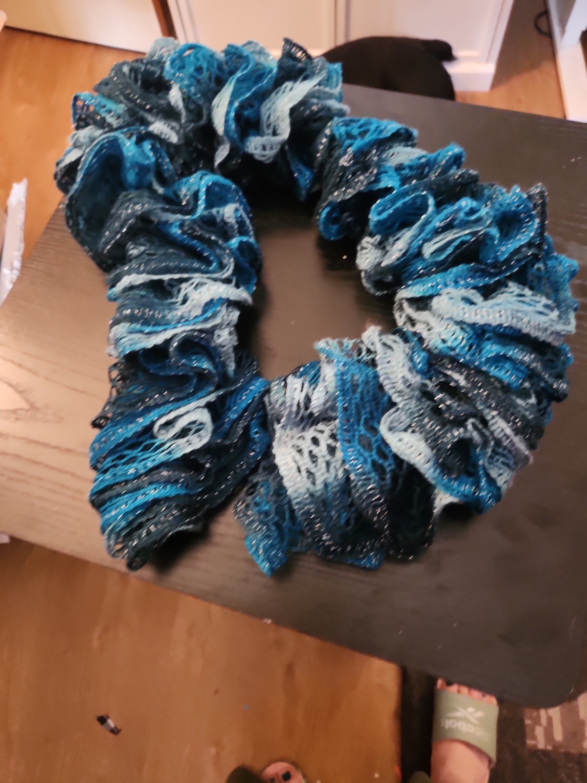 Women’s Blue Light Blue Black Solid Knit Ruffle Infinity Scarf