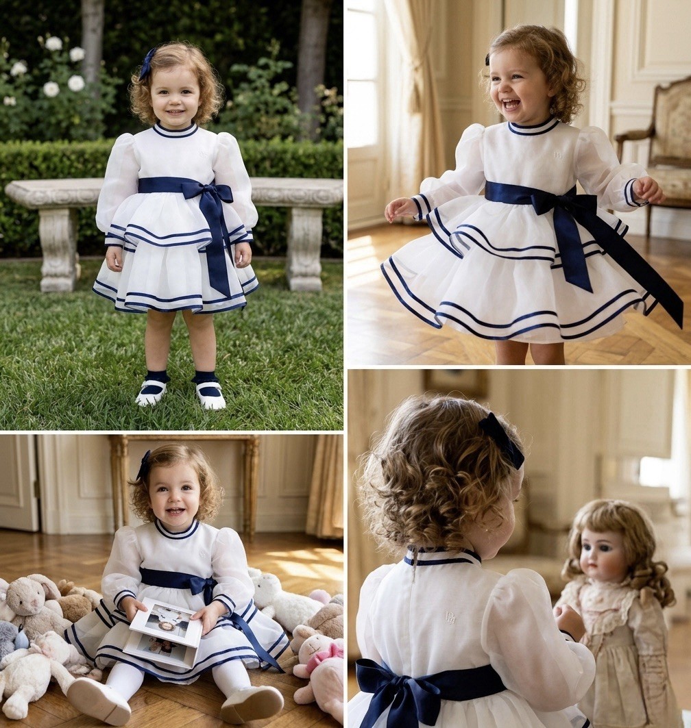 Christian Dior Girls 2T A-Line Dress White Navy Organza Puff Sleeve Bow Pleated