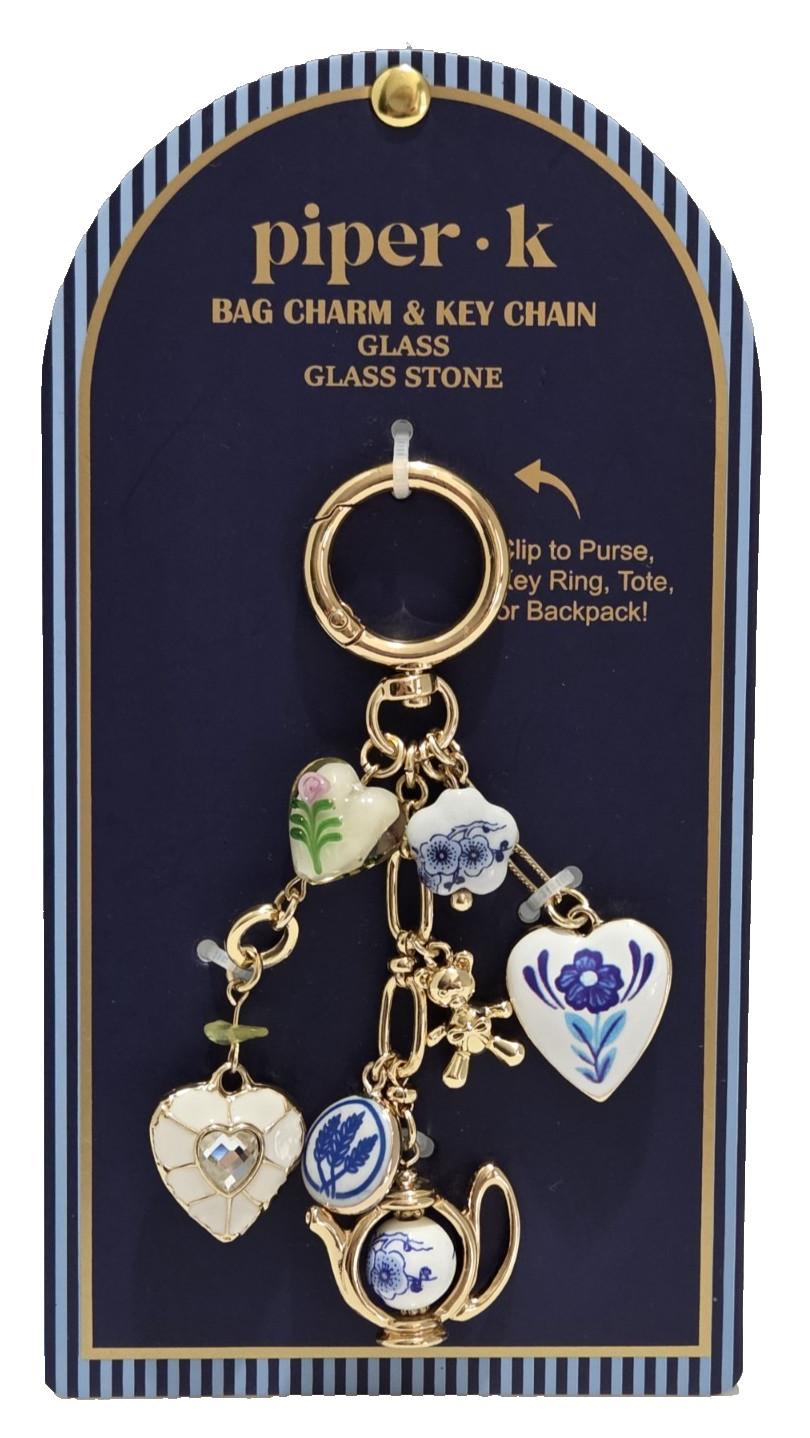 Piper K Blue & White Floral Teapot Hearts Bag Charm Keychain Valentines Day Gift