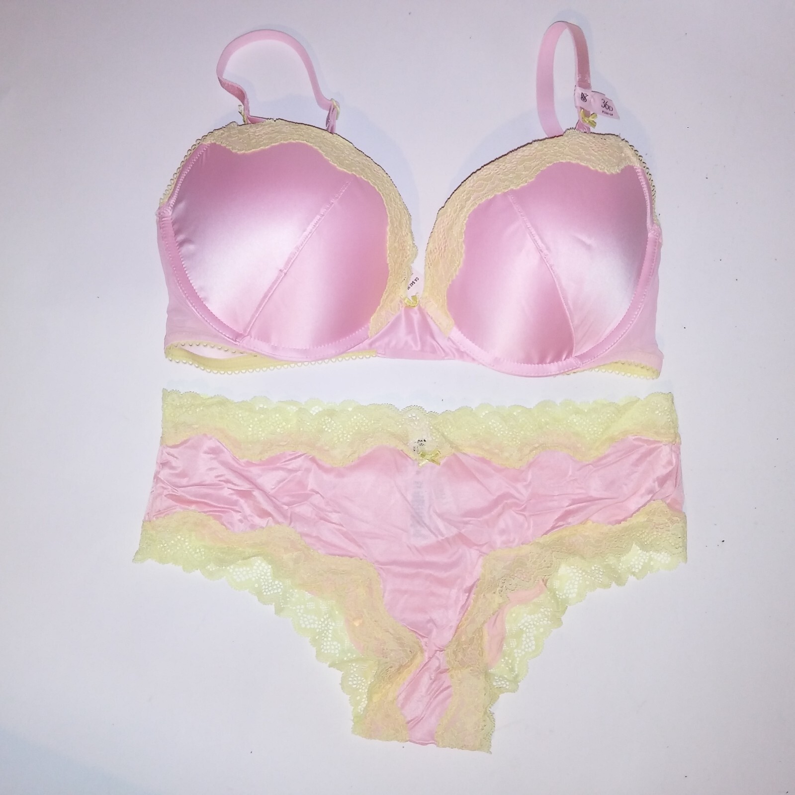 Victoria Secret Bra Set Tease Push Up Cheeky Panty Pink Yellow Lace Trim New