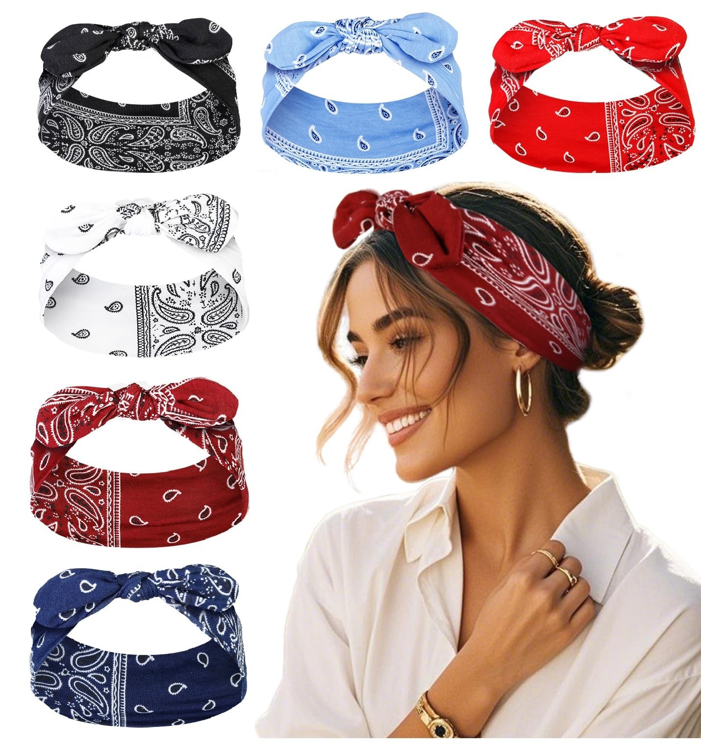 Boho Paisley Bandana Headbands for Women, NonSlip Wide Bow Headwraps 6 Pack