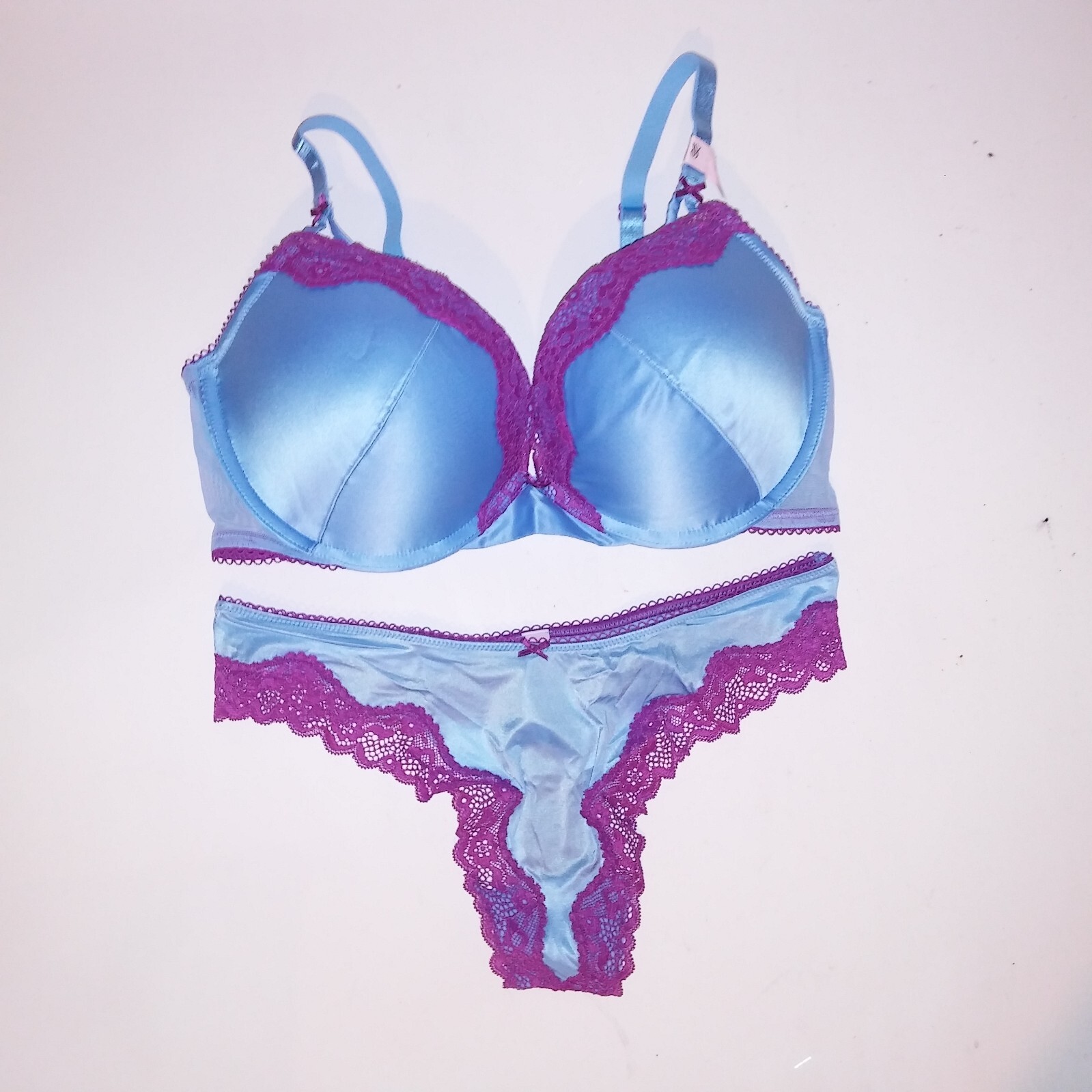 Victoria Secret Bra Set Push Up Thong Panty Blue Purple Tease Lace Trim Underwir