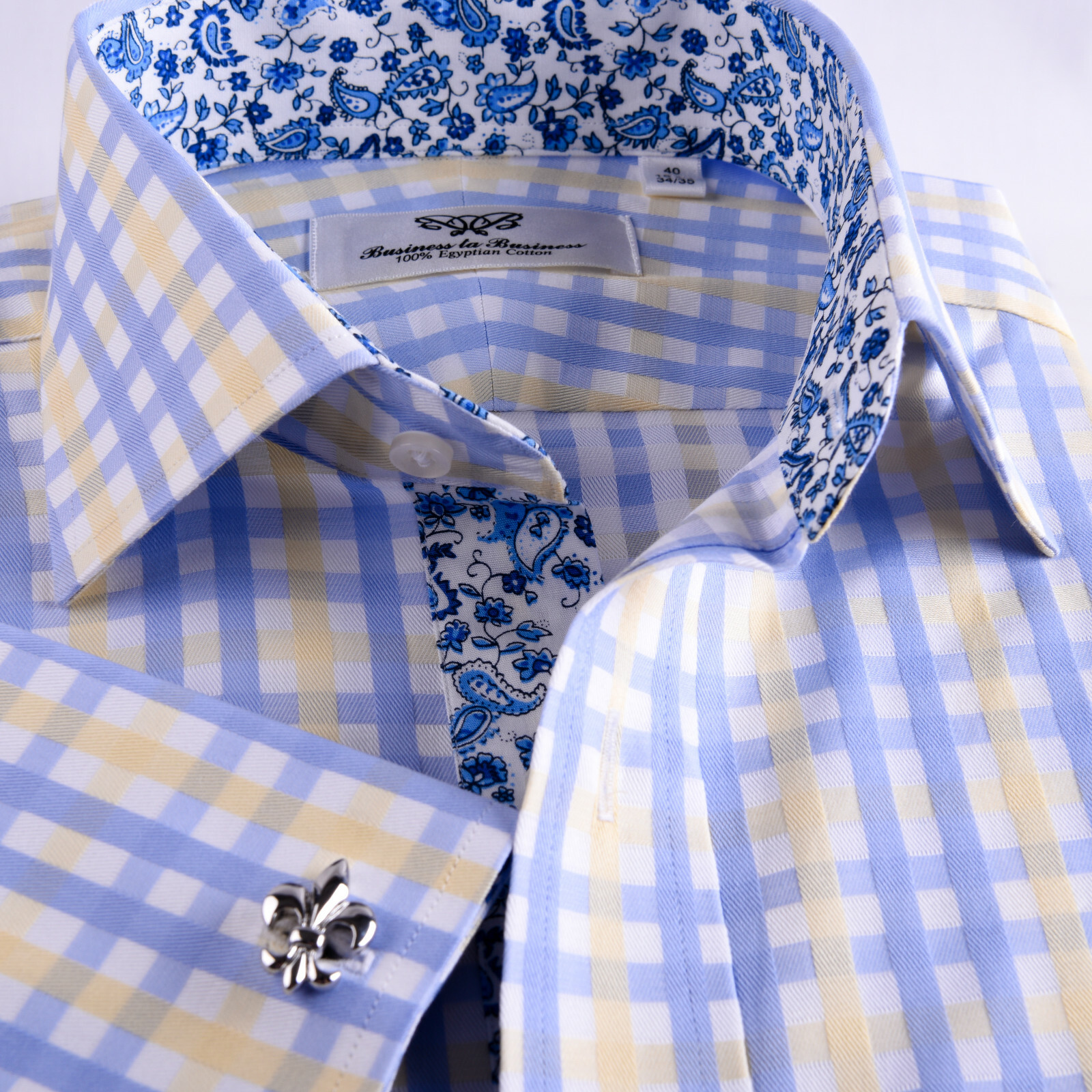 Blue Herringbone Stripe Business Dress Shirt Yellow Luxury Formal Stylish Design