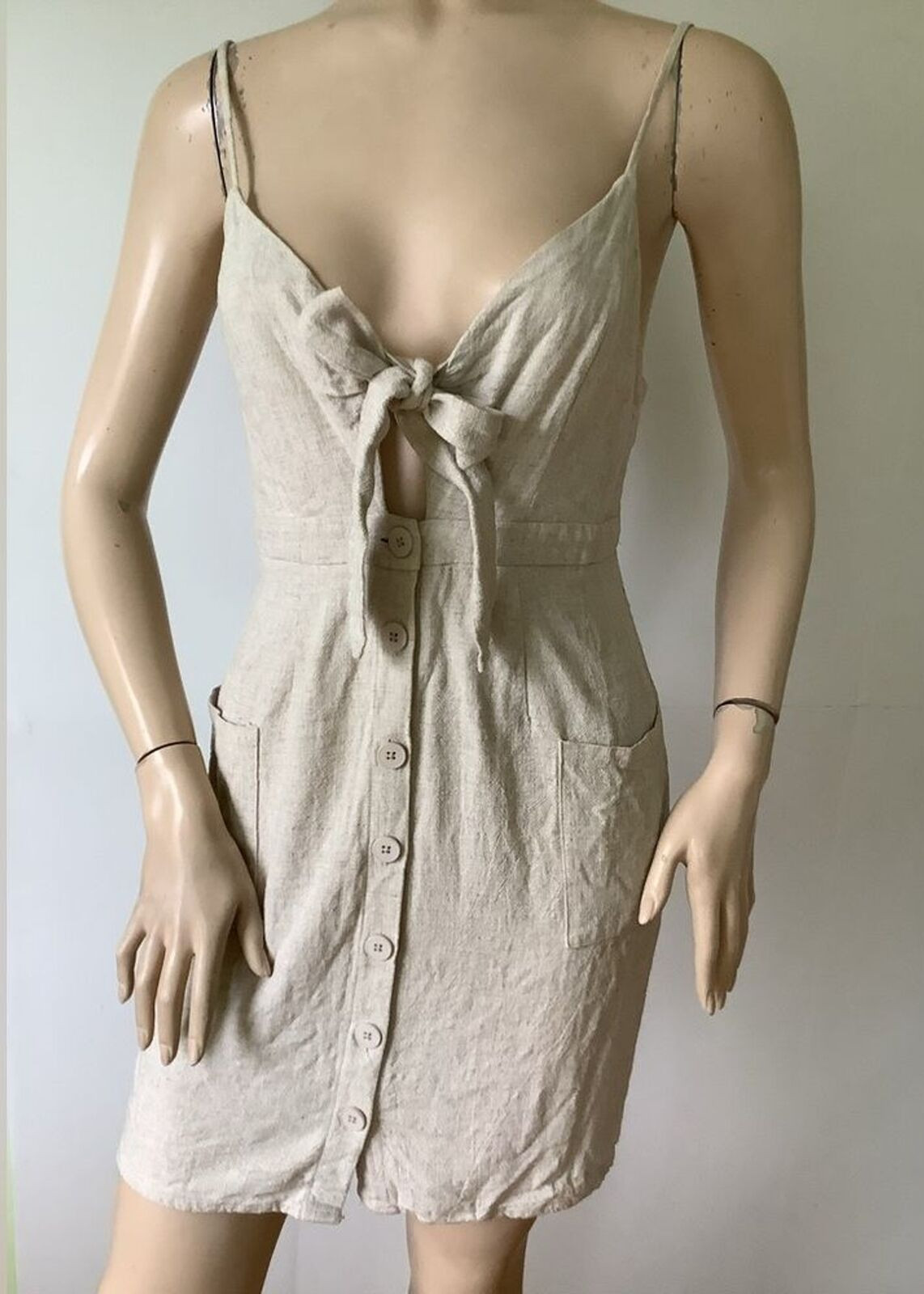 EVERLY Linen Blend Natural Oatmeal Shade Thin Adjustable Strap Dress (Size S)