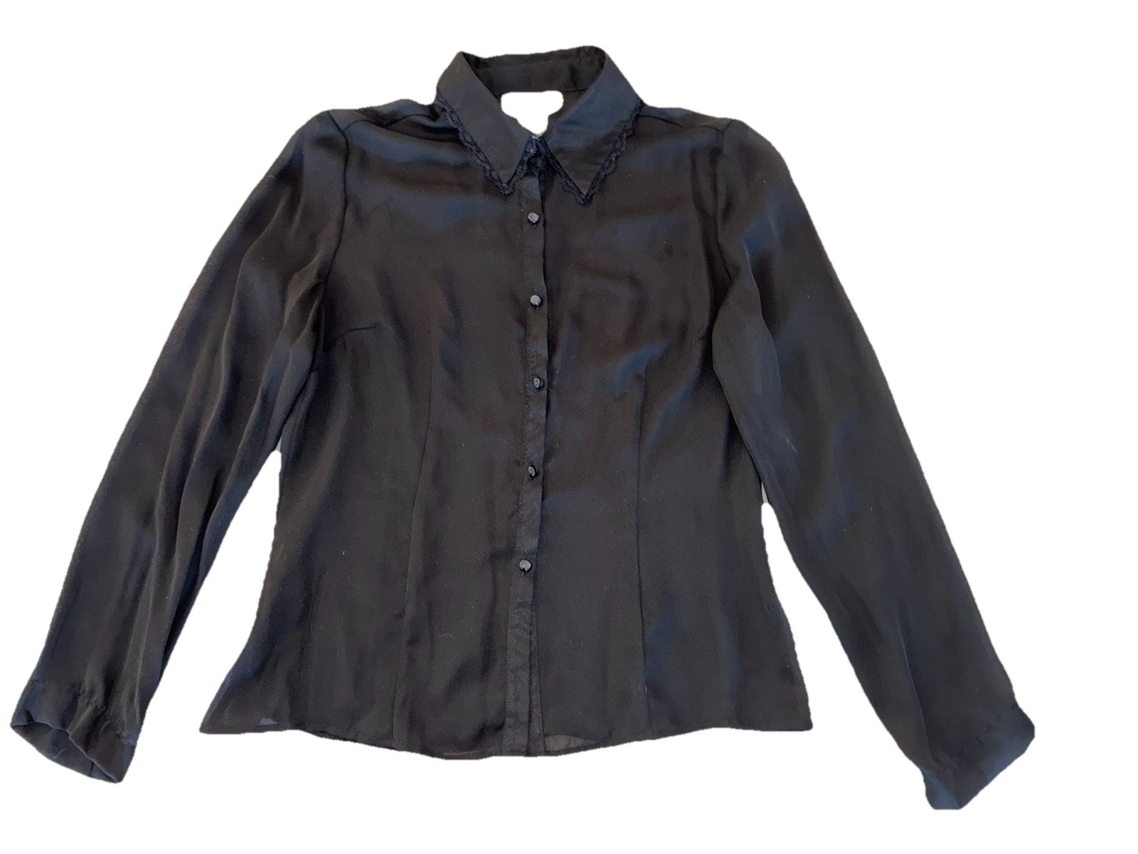 Vintage Chadwick’s Blouse Black Women’s 10 Black Lace Trim Collar 80s 90s
