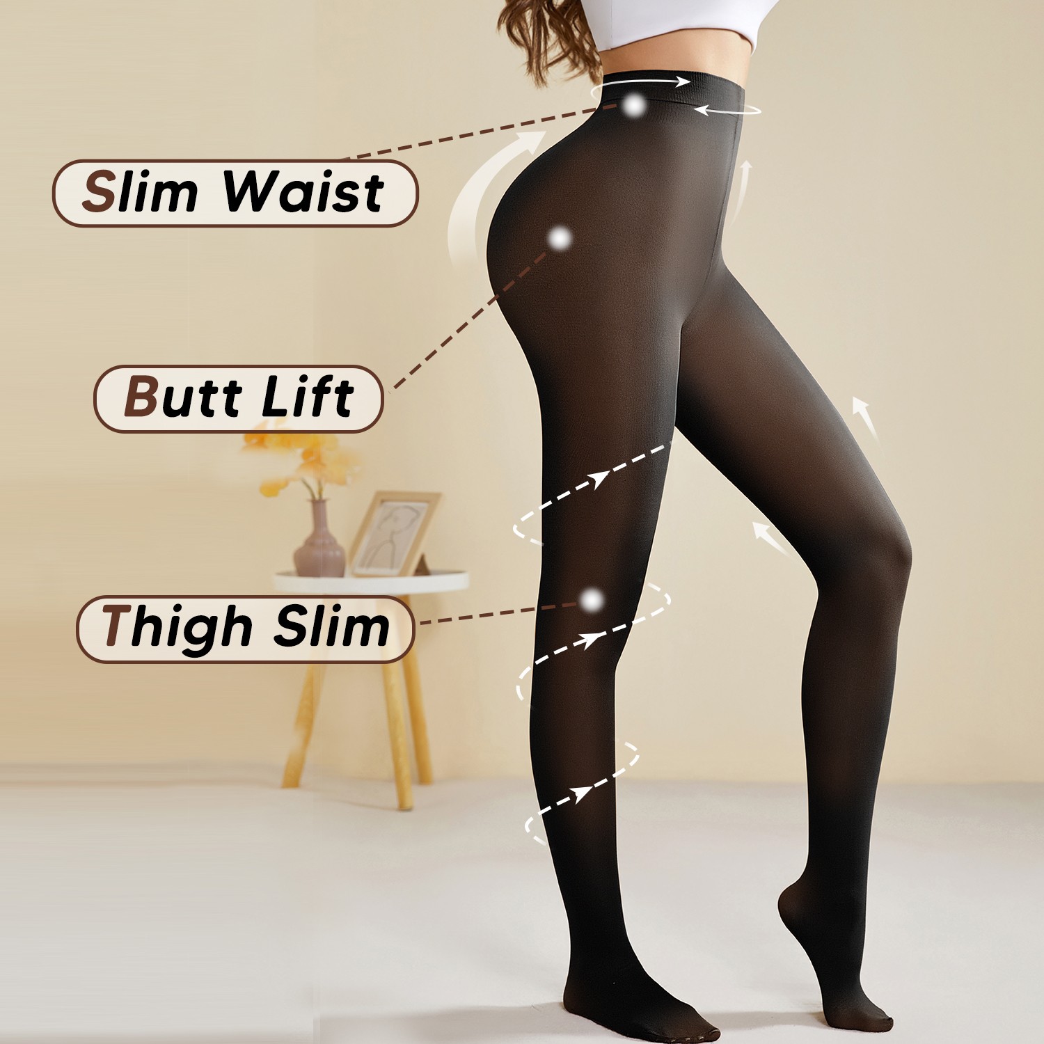 Semi Sheer Control Top Pantyhose for Women High Waist High Stretch Tights Black