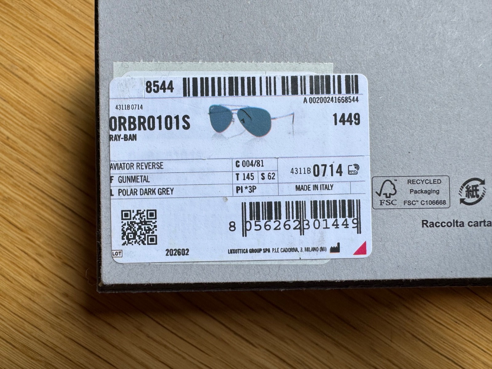 Ray Ban MODEL CODE RBR0101S 004/81 62-11 size 62 11mm