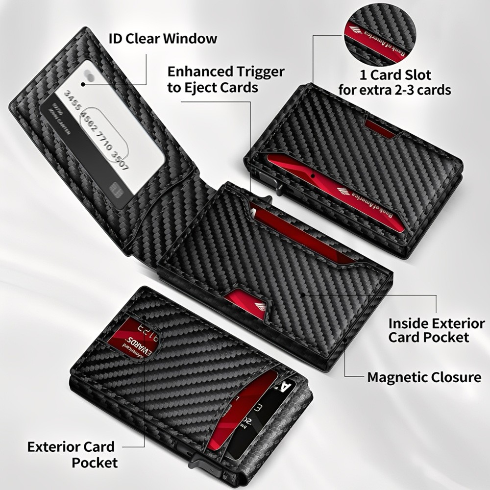 Men’s Slim PopUp Bifold Carbon Fiber Wallet, RFID Blocking, Money Clip, Men Gift