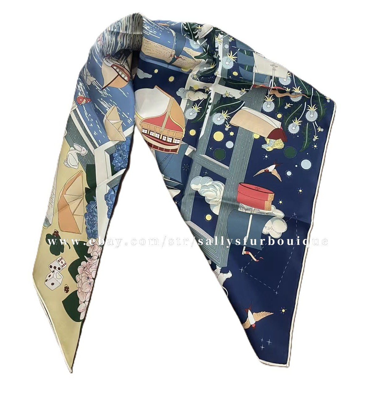 2026 Sallys Boutique 18 Momme Heavy Twill Silk Wrap Scarf Boats Print Shawl 35″