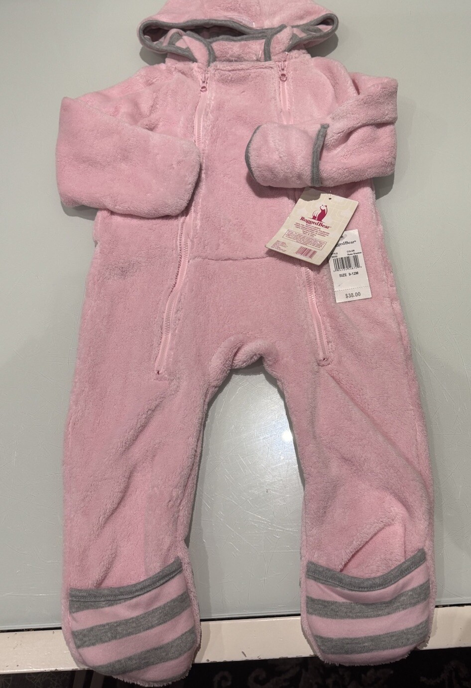 NWT Rugged Bear Hooded Sherpa Coverall, Size 9-12 months, pink foam $38.00