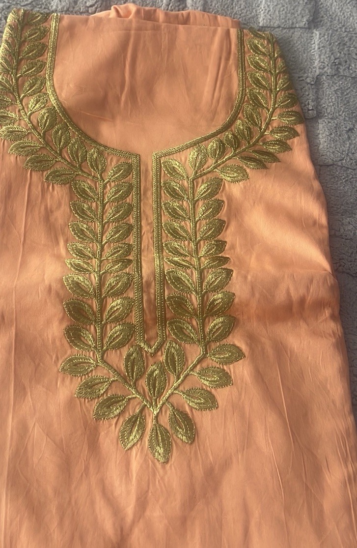 Peach Kurta for Women with Green Embroidery Leaf Design, Stylish Kurtas/Kurti
