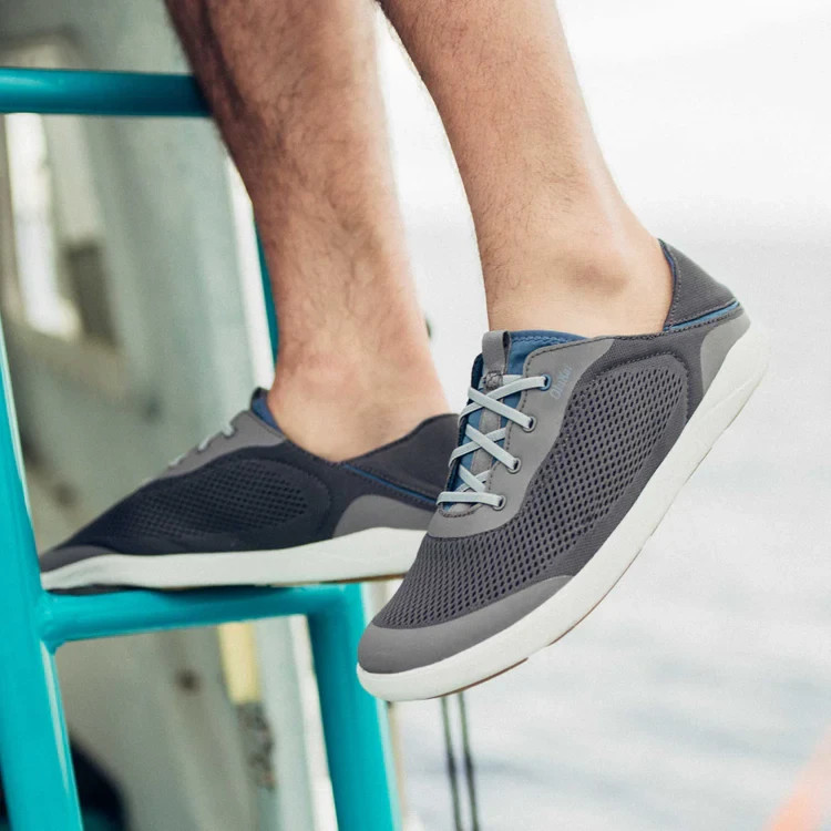 Olukai Men’s Breathable Boat Shoe, no-tie laces, color – Pavement / Vintage Blue