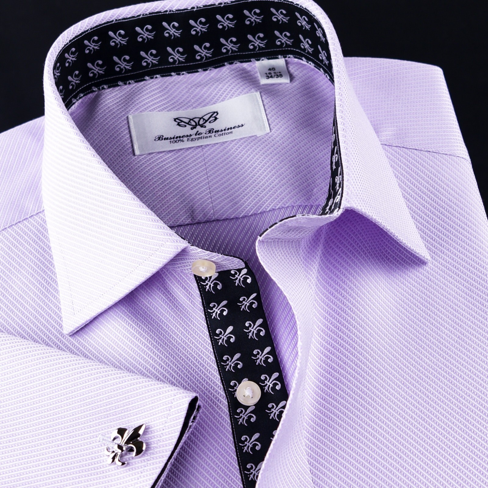 Lilac Twill With Black Italian Fleur-De-Lis Inner Lining Formal Dress Shirt Top