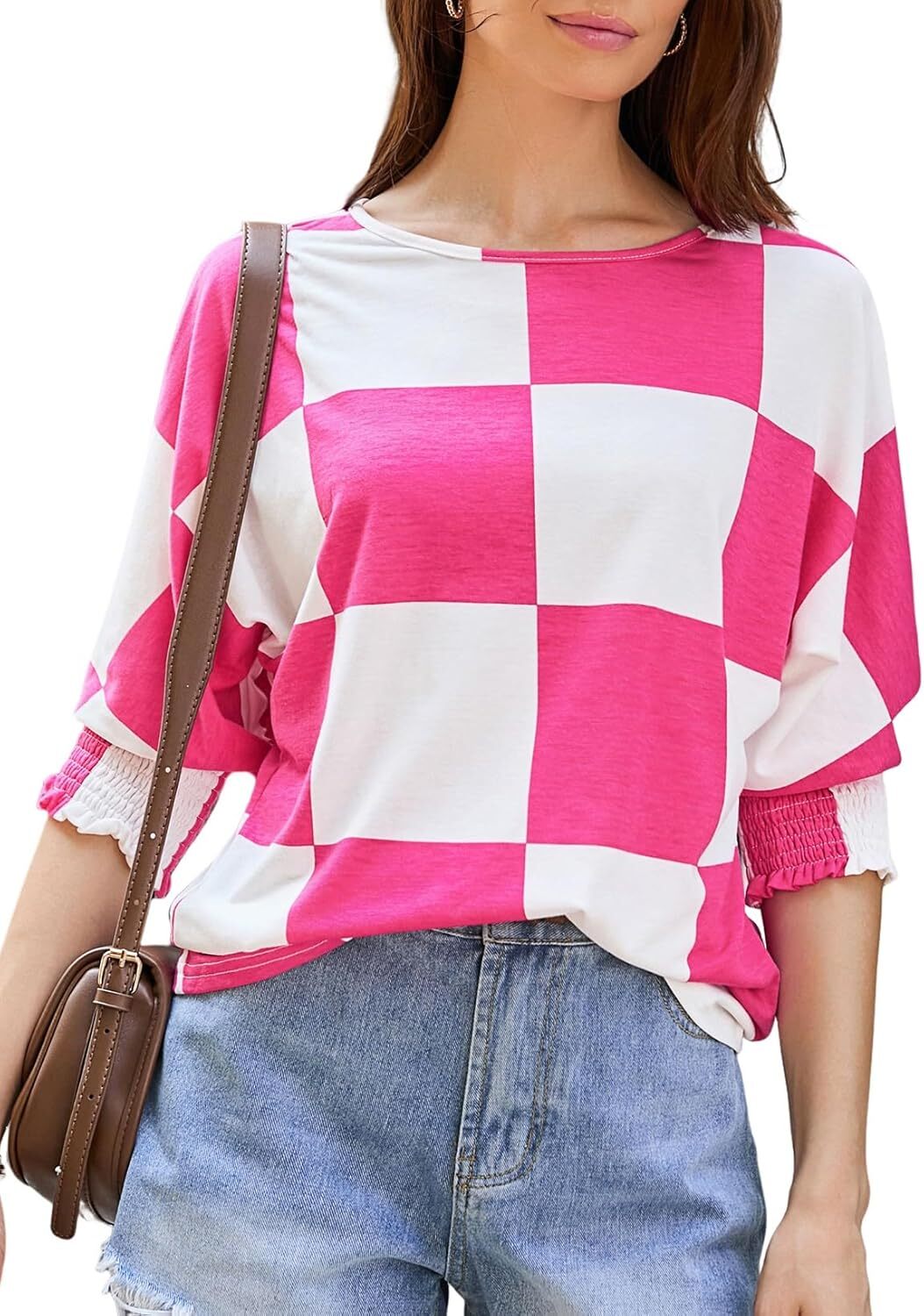 Women’s 3/4 Sleeve Crewneck T-Shirt Casual Loose Fit Soft Basic Blouse Top