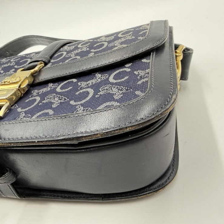 CELINE Sulky C Macadam Vintage Shoulder Bag Navy Canvas and Leather Gold-ton…