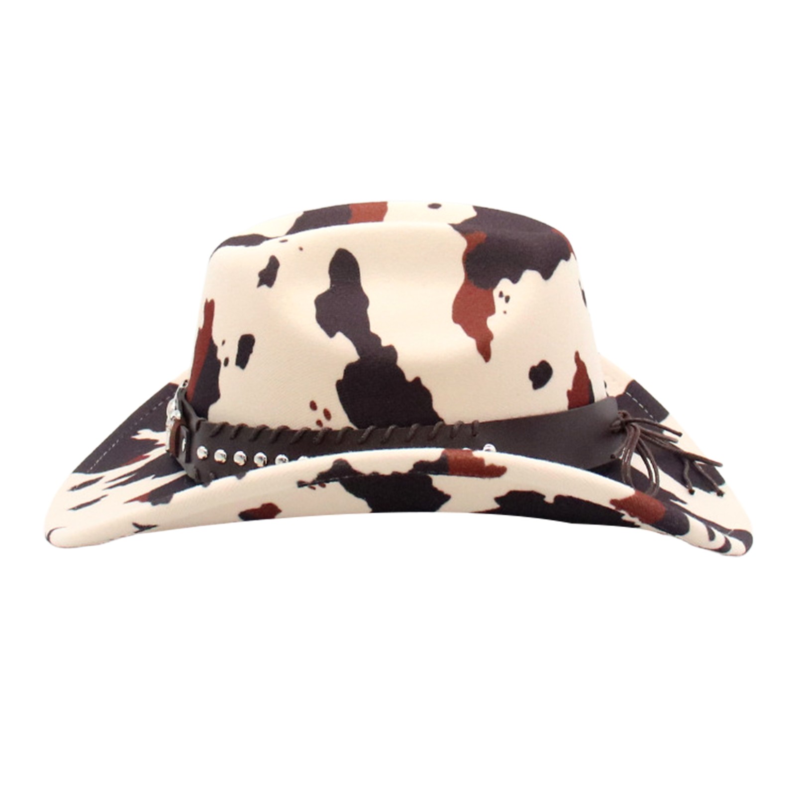 Women Western Cow Print Wide Brim Cowboy Hat with Cow Head Rivet Belt Decoration
