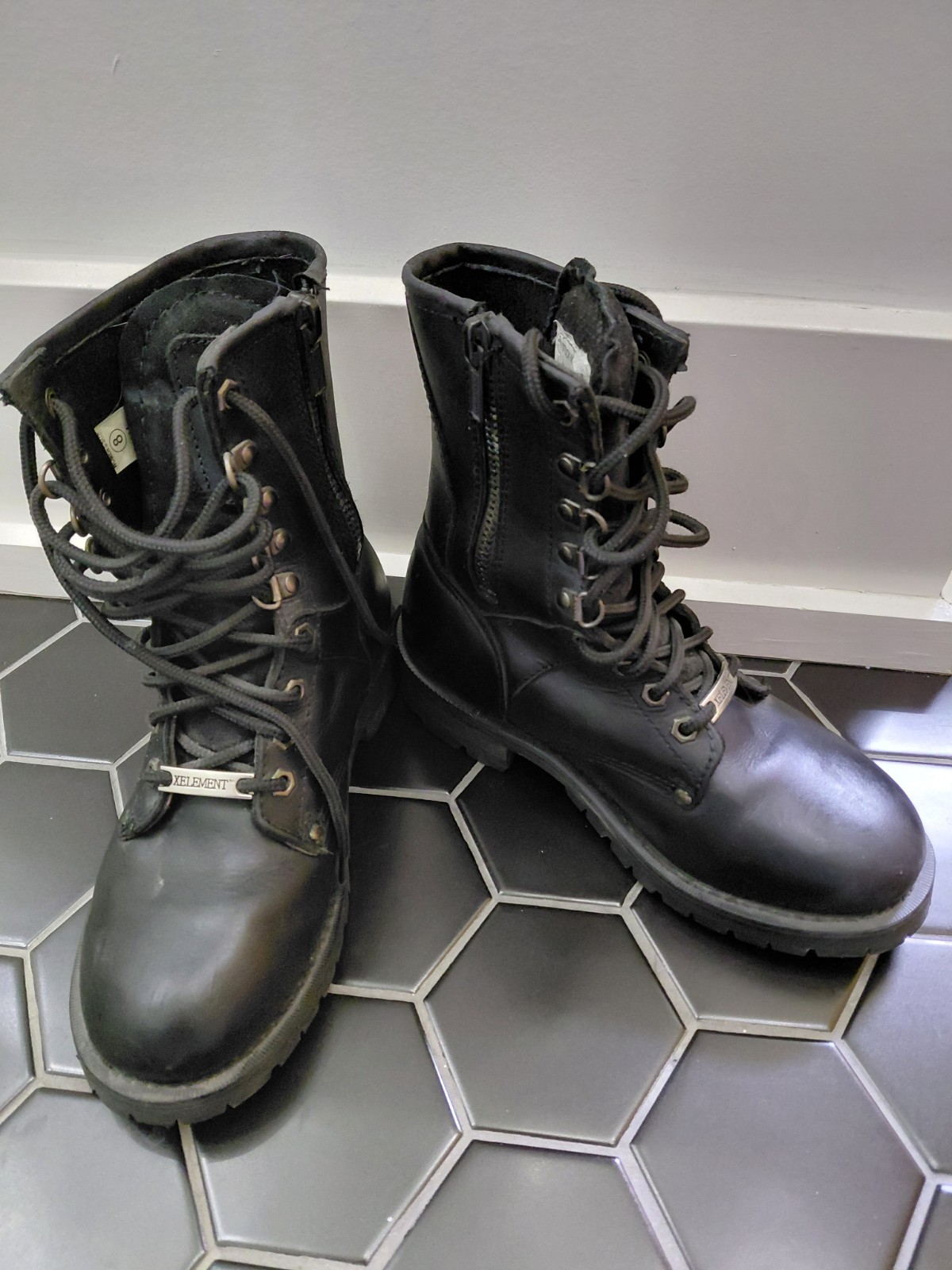 Xelement Black Leather Combat Boots Lace-Up Side Zipper Round Toe 7.5