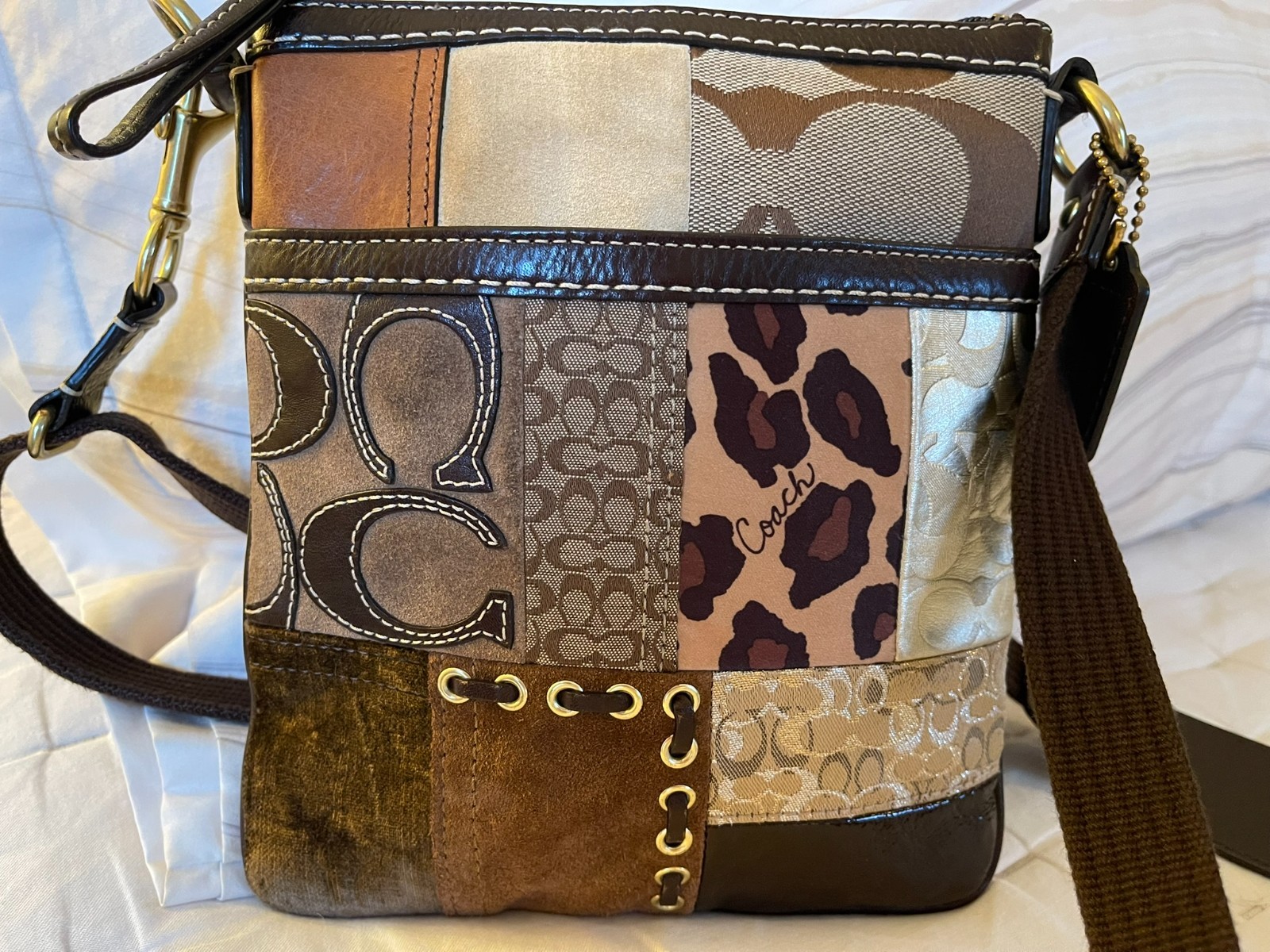 Coach Patchwork Swingpack Crossbody + Matching Wristlet Y2K Mixed Media Leopard