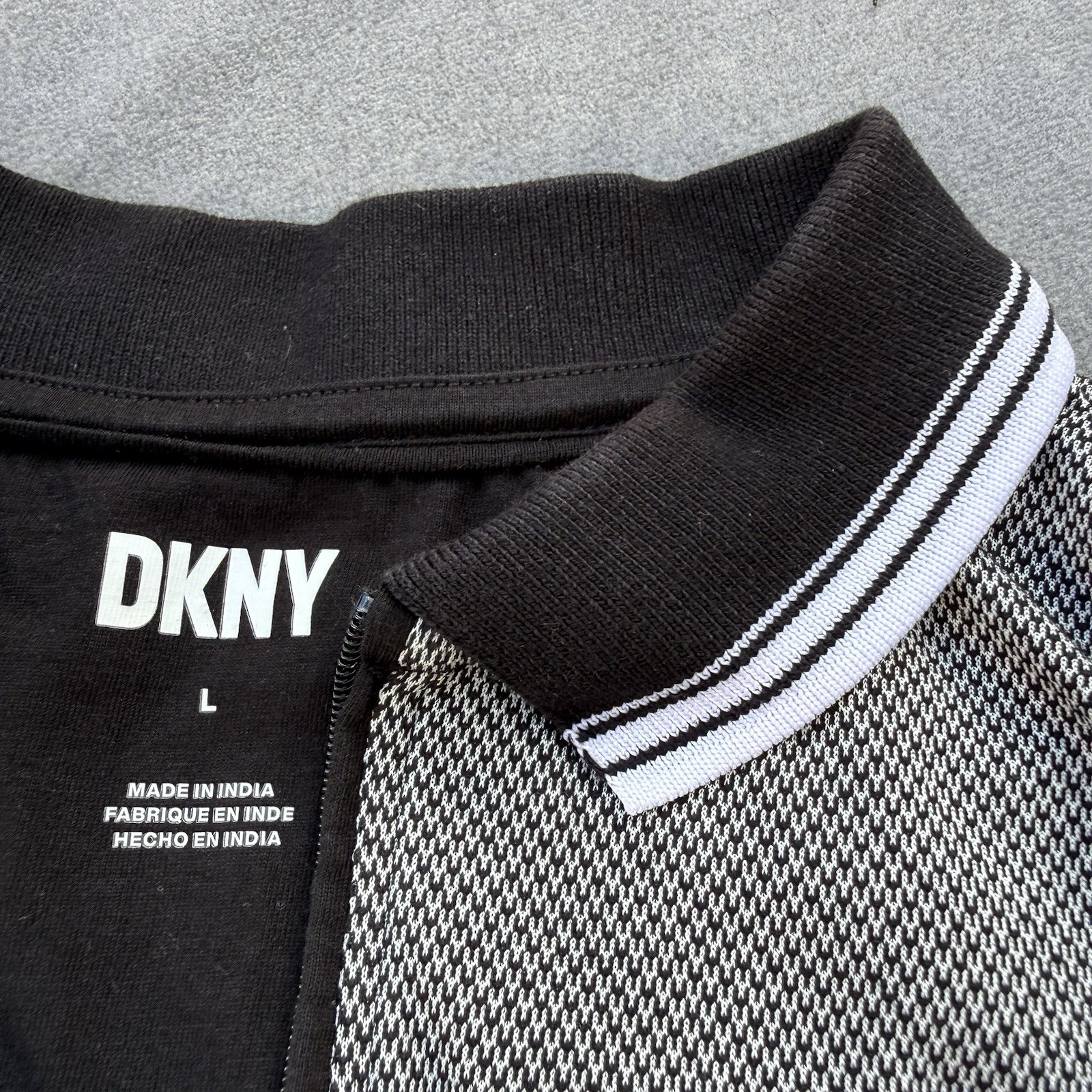 DKNY Men’s Polo Shirt L Black/White Geometric Knit 1/4 Zip Short Sleeve