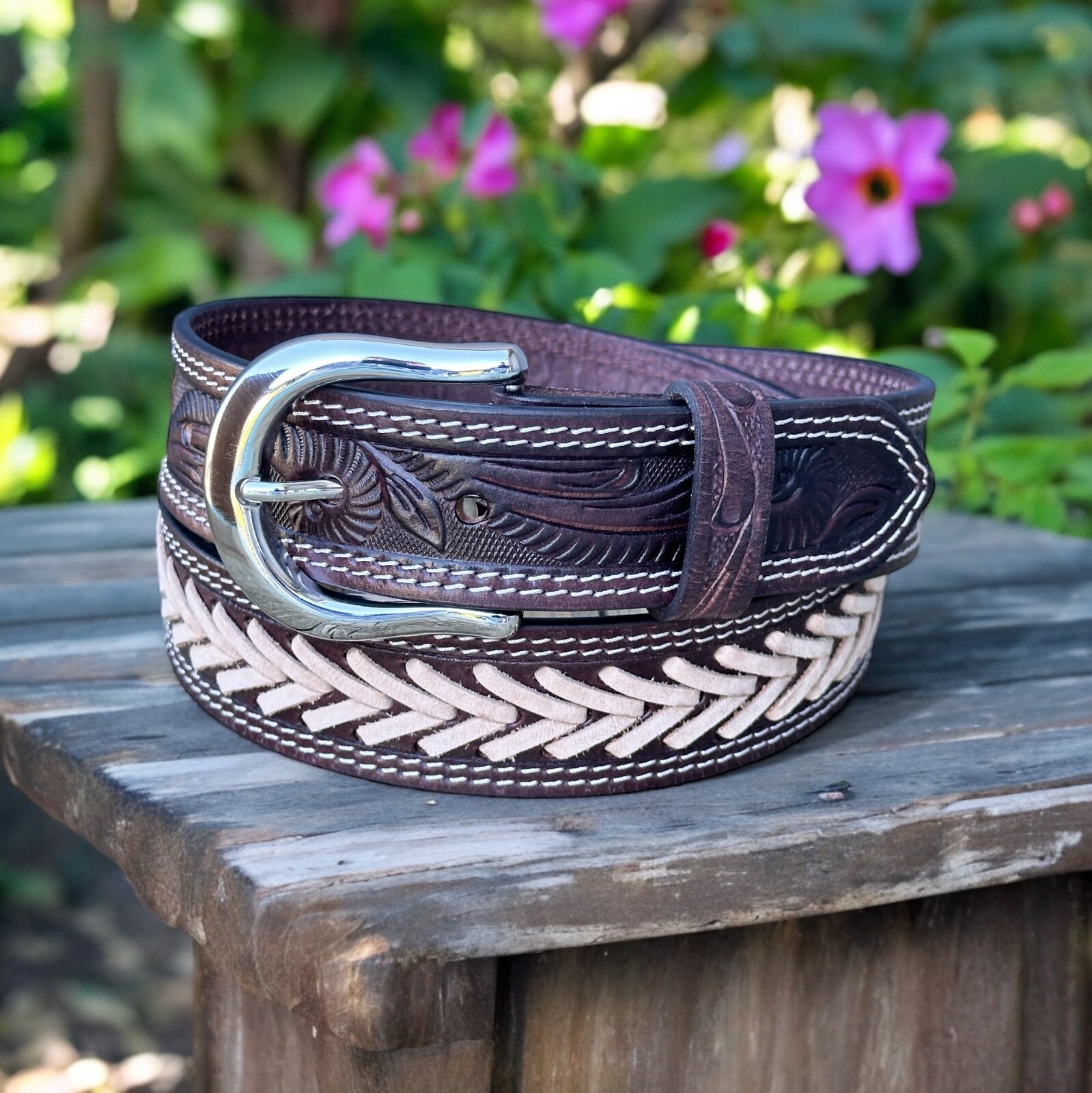 Western Belt Handmade Men’s Full Grain Leather With Buckle Tolled Cowboy Belt