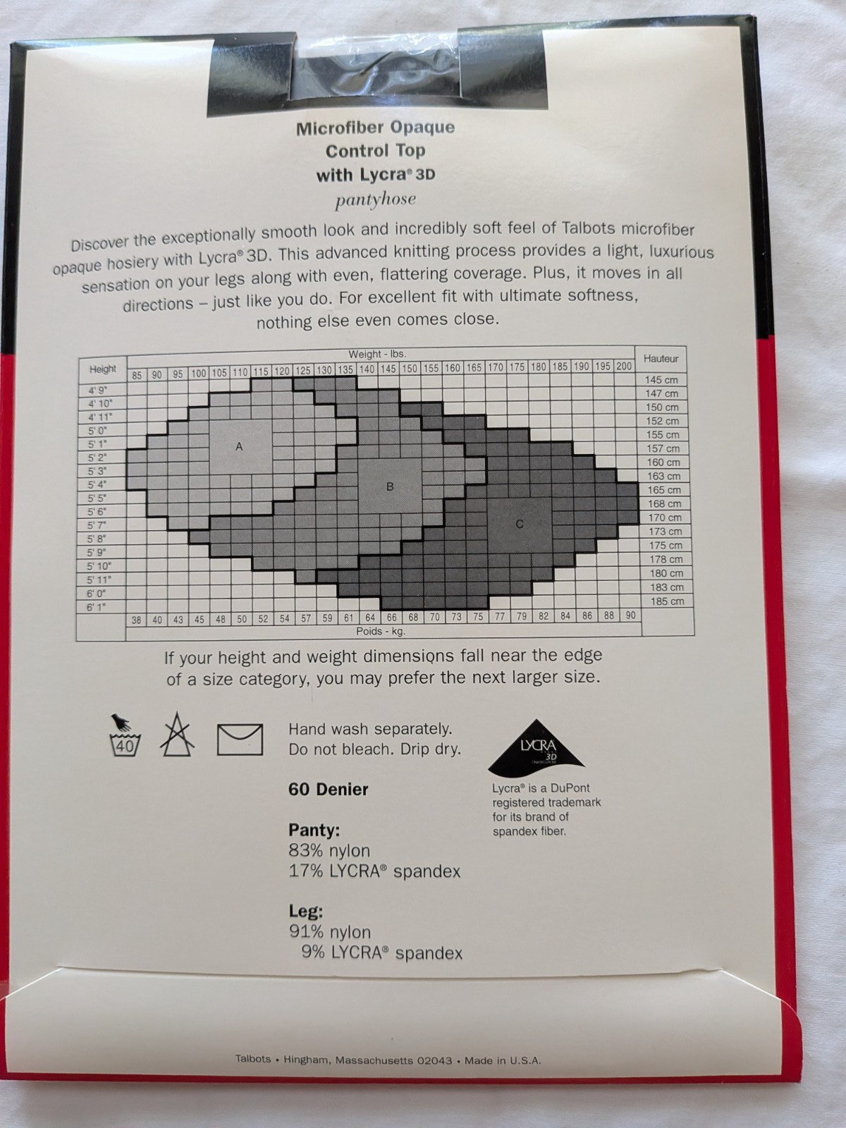 VTG Talbots Microfiber Opaque Pantyhose Size C Black Control Top w/ Lycra 3D