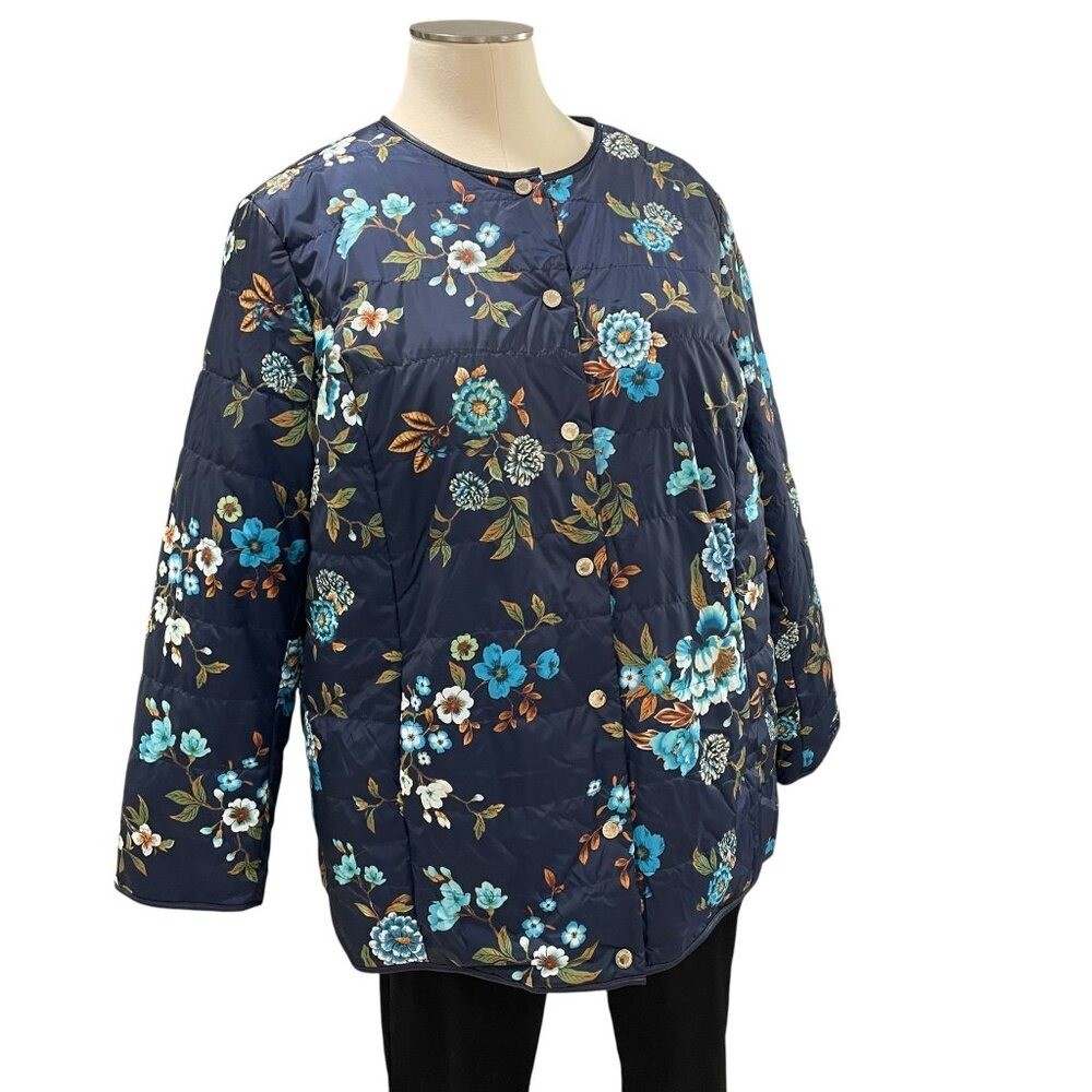 Dennis Basso Floral Quilted Jacket 2X Blue Fall Layering Vintage Grannycore