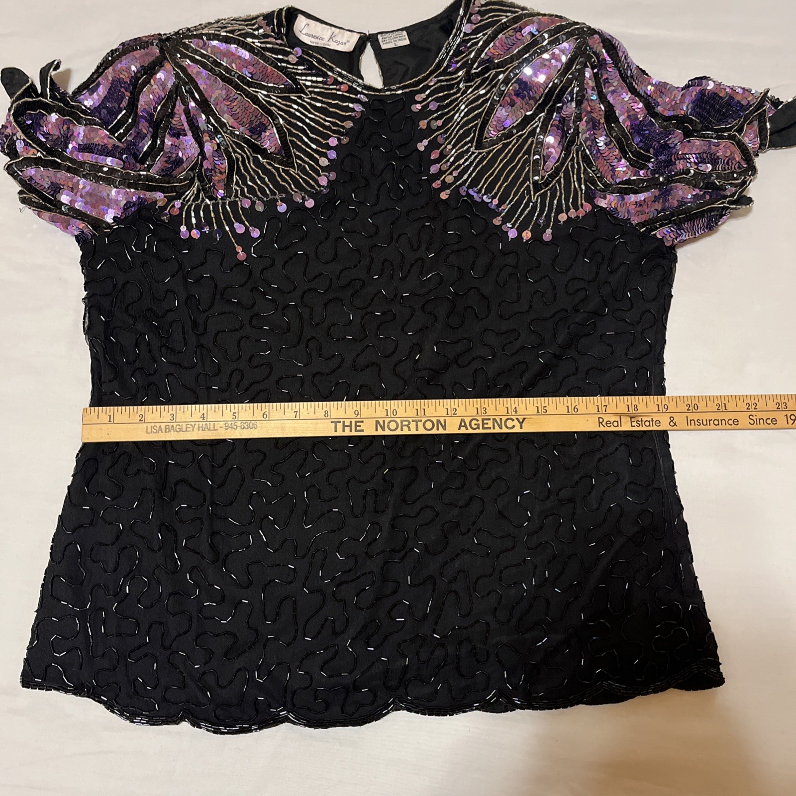 VINTAGE Laurence Kazar Women Blouse L Black Silk Beaded Sequin Wings 90s