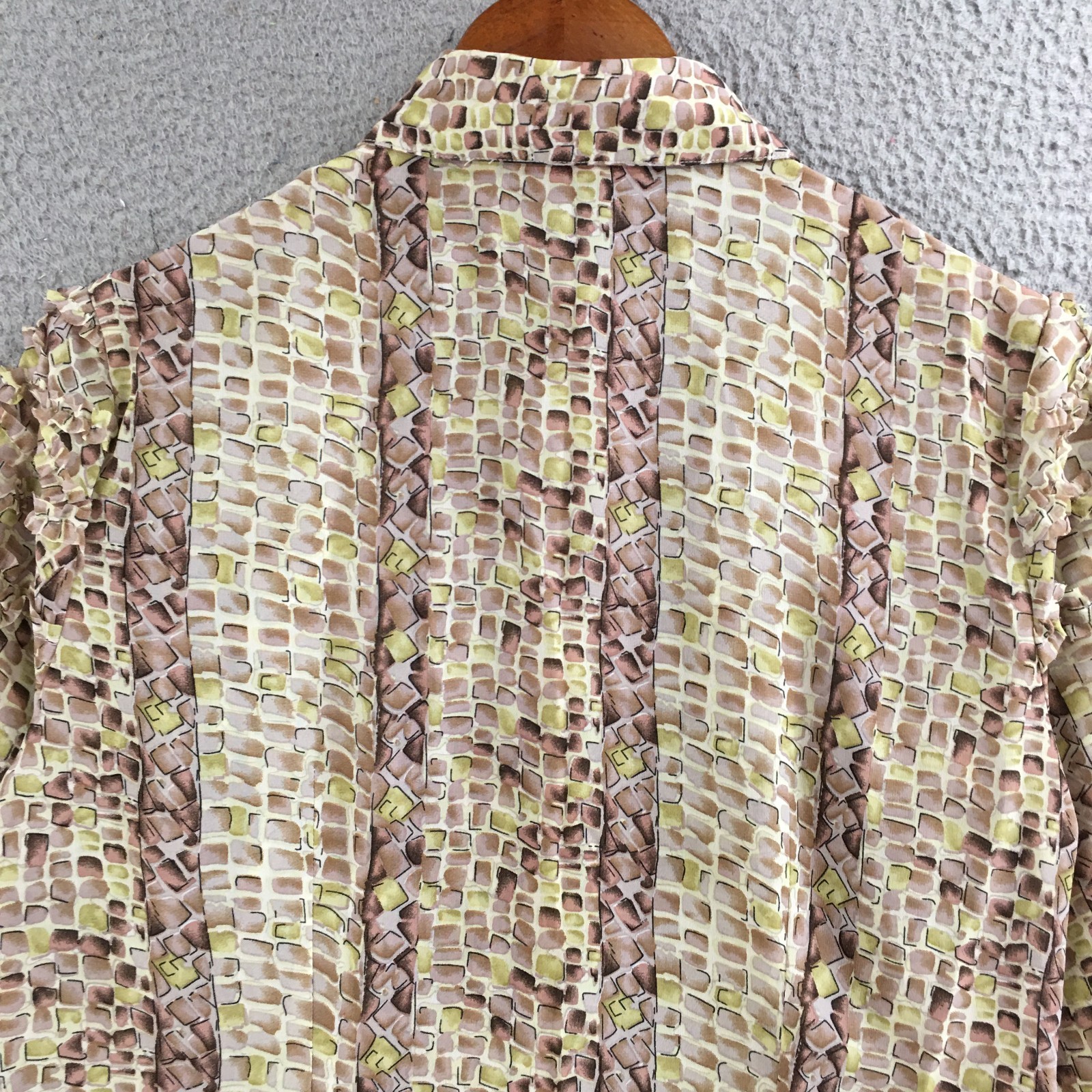 Lloyd Williams Blouse Womens Medium Abstract Print Ruffle Button Up Brown Green