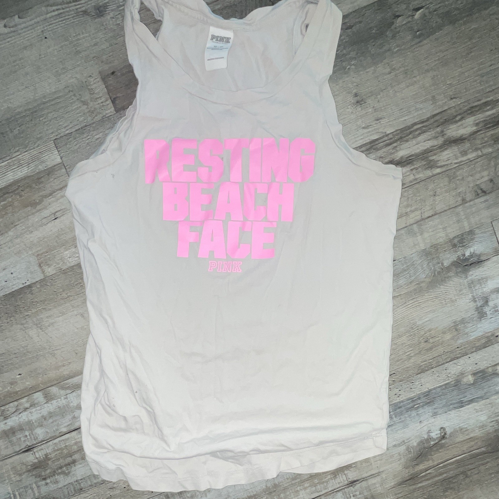 PINK Women’s White Sleeveless Racerback Tank “Resting Beach Face” Size S