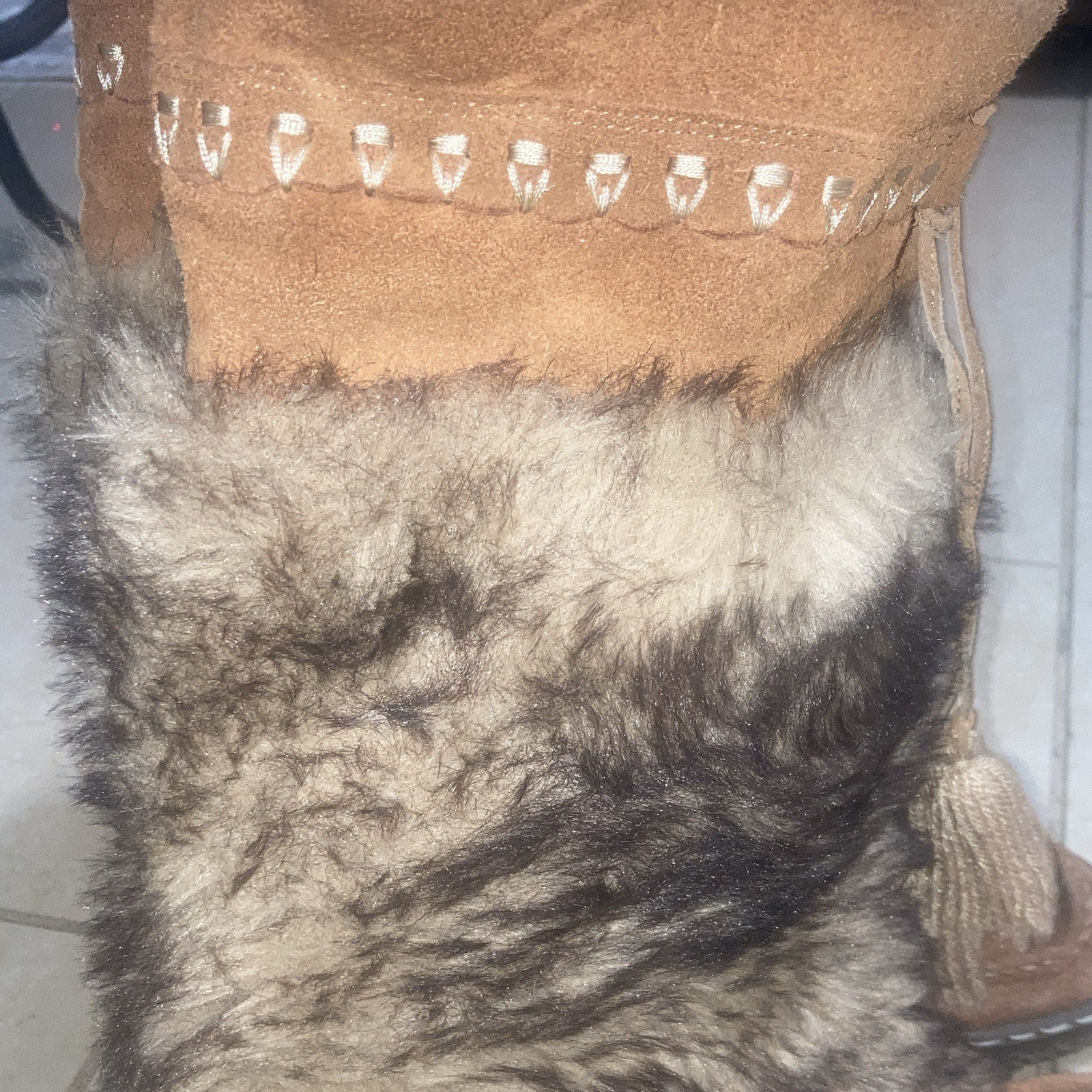 BareTraps Women’s Brown Suede Faux Fur Tassel Mid-Calf Lined Slip-On Boots 7