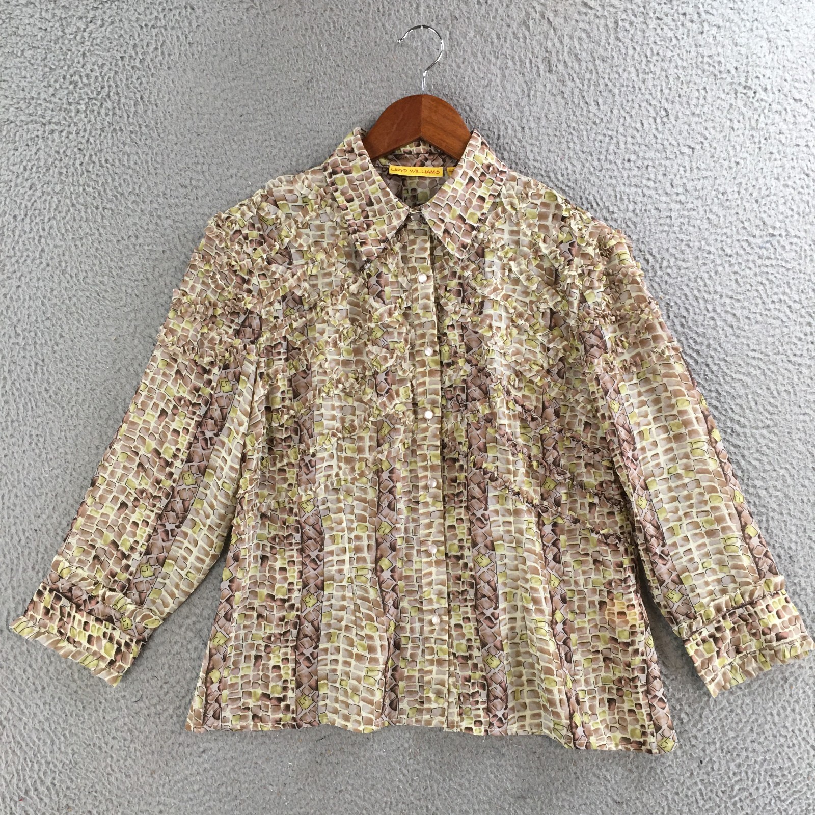 Lloyd Williams Blouse Womens Medium Abstract Print Ruffle Button Up Brown Green