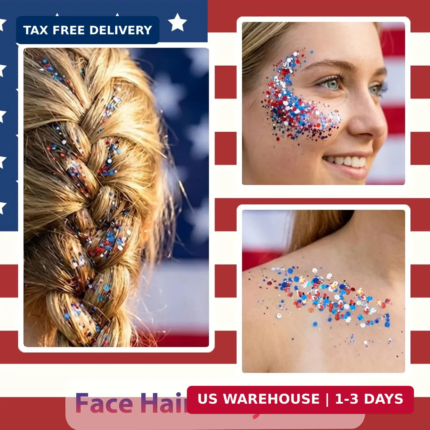 Red White and Blue Face Hair Body Glitter Stick,4th of July Outfits and Accessor