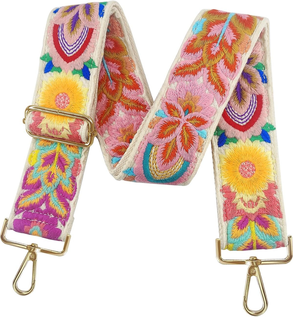 Embroidery Flower Purse Strap Replacement Crossbody 2 Inch Wide with Letter S Ke