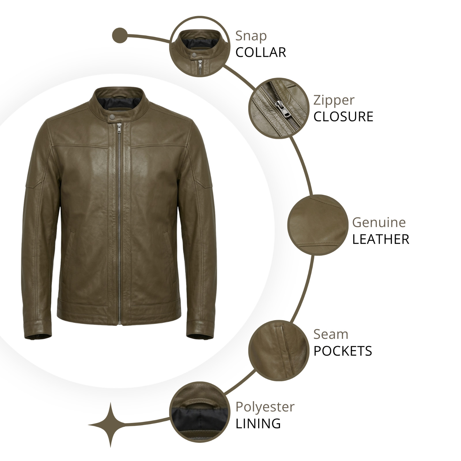 Men’s Khaki Tan Leather Jacket – Slim Fit Cafe Racer Biker Jacket