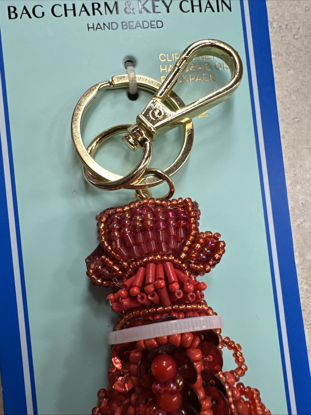 Piper K Hand Beaded Red Lobster Bag Charm Keychain Sequin Gold Tone New